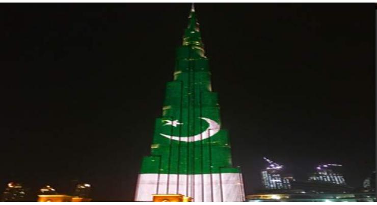 Burj Khalifa illuminated in Pak flag colours in celebrating Pakistan Day
