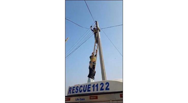 Rescue 1122 workers save bird stuck in electricity wires