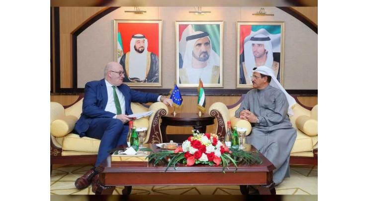 Sultan Al Mansouri discusses economic, commercial partnerships with EU