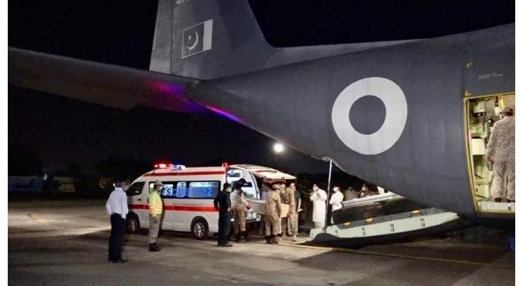 PAF C-130 aircraft airlifts bodies of Sikh Yatrees from Lahore lands at PAF base Peshawar
