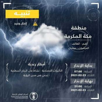المركز الوطني للأرصاد ينبه من هطول أمطار رعدية على عدد من محافظات مكة المكرمة