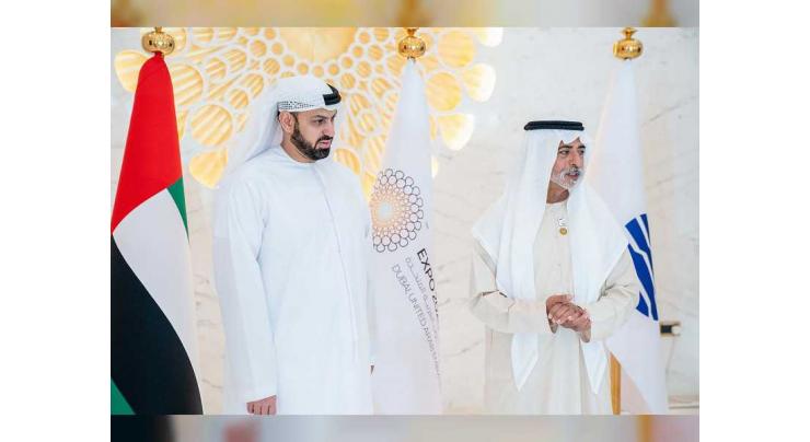 Nahyan bin Mubarak receives commemorative Expo 2020 Dubai stamp collection from Emirates Post