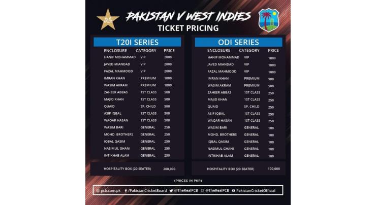 Ticket prices for Pakistan v West Indies T20I and ODI series announced