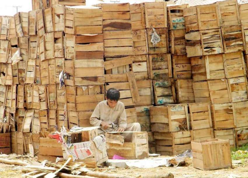 اسلام آباد: سبزی فروٹ منڈی میں ایک محنت کش لکڑی کی پیٹیاں ..