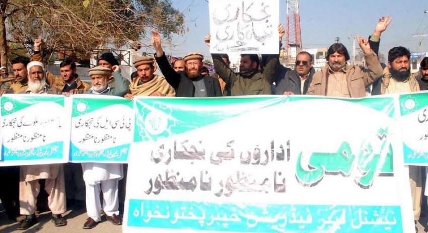 پشاور: نیشنل لیبر فیڈریشن خیبر پختونخوا کے زیر اہتمام مظاہرین ..
