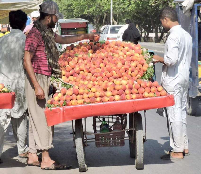 لاہور: ایک محنت کش گاہکوں کو متوجہ کرنے کے لیے آڑو ریڑھی ..