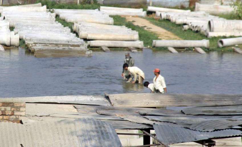 لاہور: محنت کش سیمنٹ کے پائپ تیار کرنے کے بعد پانی میں ڈال ..