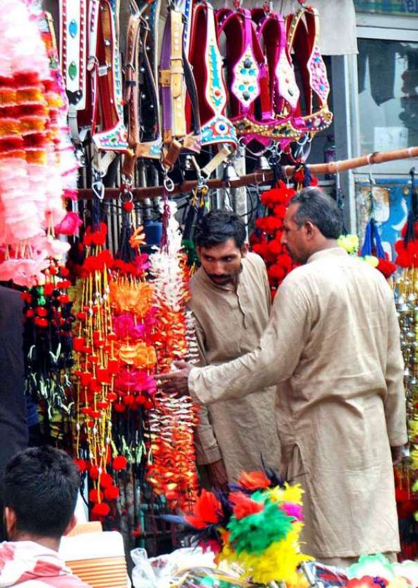 لاہور: مویشی منڈیں میں ایک دکان پر شہری جانوروں کی سجاوٹ ..