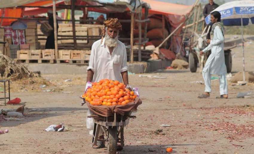 راولپنڈی: فروٹ منڈی میں ایک معمر شخص ہتھ ریڑھی پر فروٹ فروخت ..