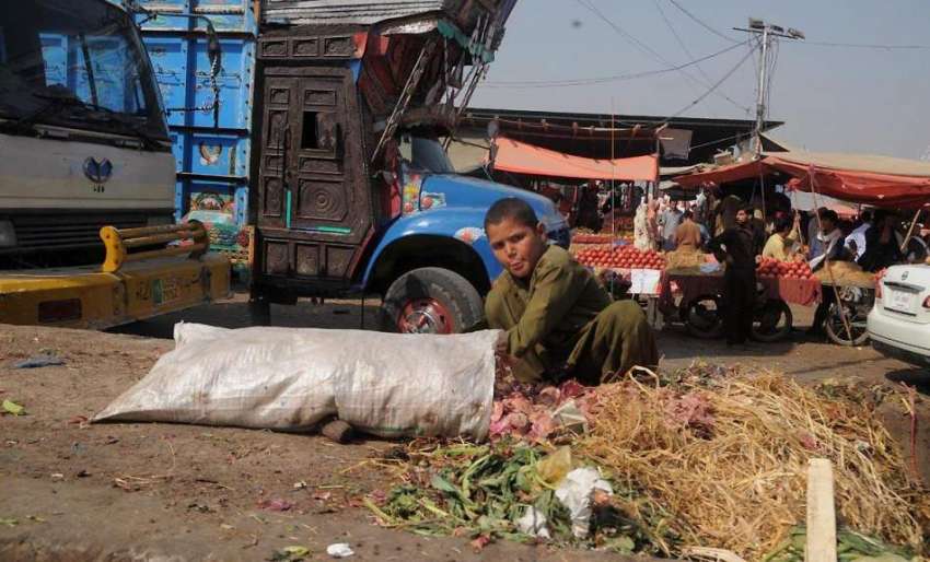 راولپنڈی: سبزی منڈی میں ایک افغان بچہ کار آمد سبزیاں تلاش ..