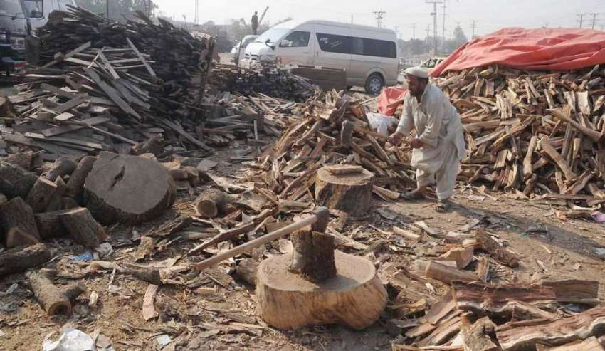 راولپنڈی: محنت کش لکڑیاں کاٹنے میں مصروف ہے۔