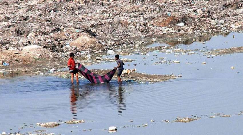 حیدر آباد: دو بچے جوہڑ سے مچھلیاں پکڑنے کی کوشش کر رہے ہیں۔