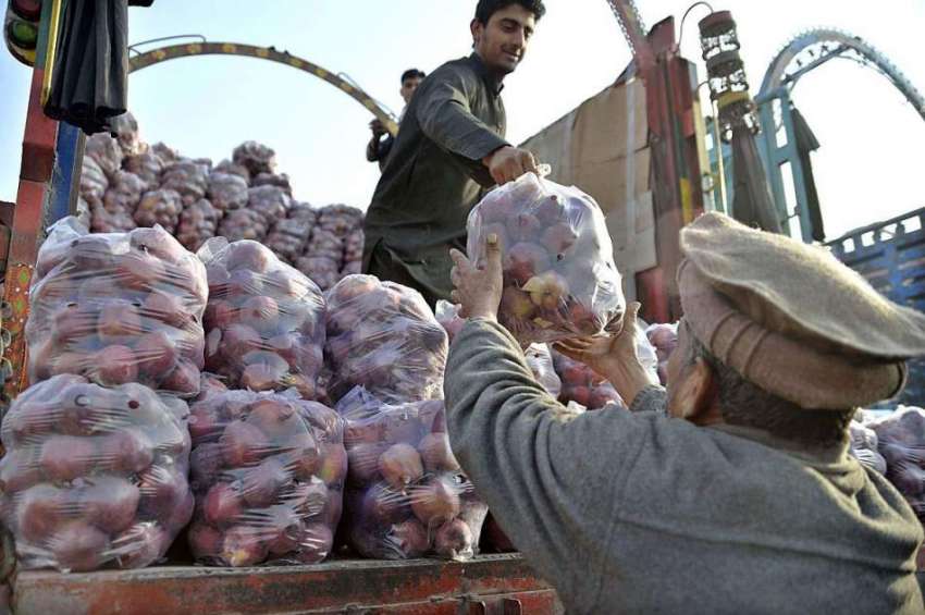 راولپنڈی: سبزی منڈی میں مزدور ٹرک سے آلو اتار رہے ہیں۔