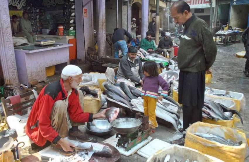 لاہور: ایک معمر شخص مچھلی بازار میں مچھلی فروخت کر رہا ہے۔