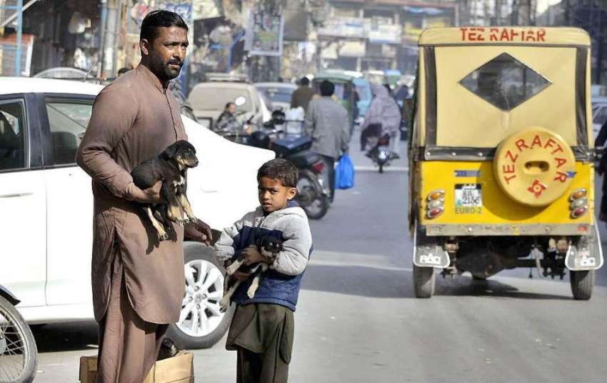 راولپنڈی: ایک شخص اپنے بچے کے ہمراہ ”کتا“ فروخت کے لیے گاہک ..