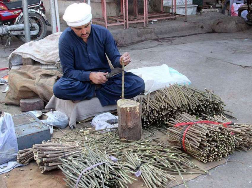 فیصل آباد: محنت کش فروخت کے لیے مسواکیں تیار کر رہا ہے۔
