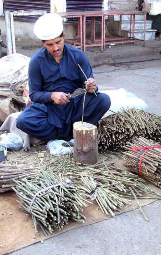 فیصل آباد: ایک شخص فروخت کے لیے مسواکیں بنا رہا ہے۔