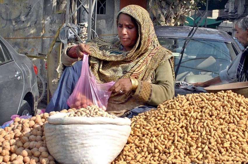 لاہور: ایک محنت کش خاتون خشک میوہ جات فروخت کر رہی ہے۔