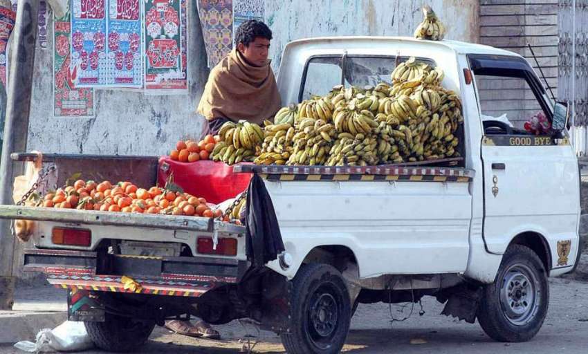 راولپنڈی: ایک محنت کش اپنے گاڑی پر موسمی پھل فروخت کے لیے ..