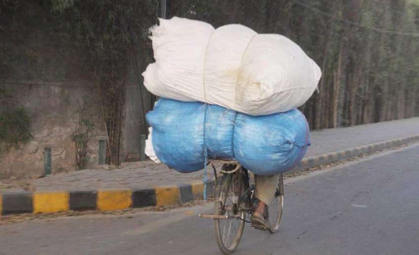 لاہور: ایک شخص سائیکل پر سامان باندھے اپنی منزل کی جانب کامزن ..
