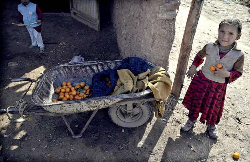 راولپنڈی: ایک خانہ بدوش بچی ہاتھوں میں کینو اٹھائے کھڑی ..