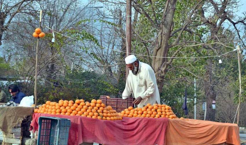 اسلام آباد: ایک دکاندار فروخت کے لیے تازہ پھل سجا رہا ہے۔
