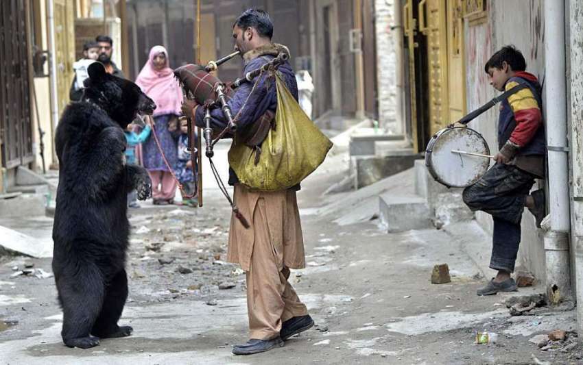 راولپنڈی: ایک تماش بین ریچھ کا تماشا دکھا کر لوگوں کو محضوض ..
