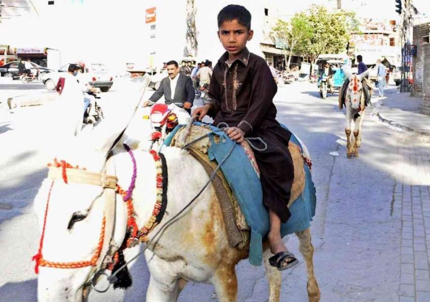 راولپنڈی: ایک کم عمر بچہ گدے پر بیٹھا مزدوری کے لیے جا رہا ..