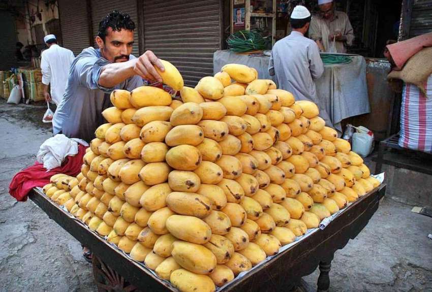 پشاور: ایک ریڑھی بان فروخت کے لیے آم سجا رہا ہے۔