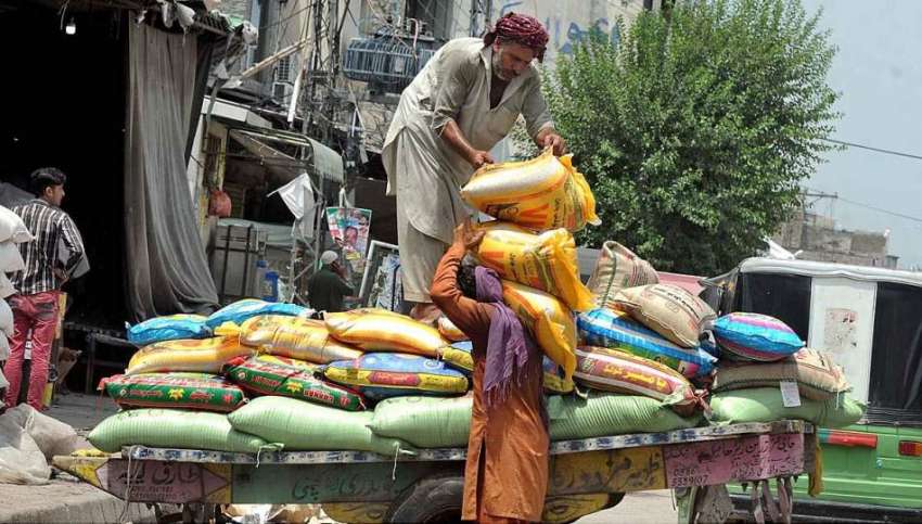 راولپنڈی: مزدور ریڑھی سے چاولوں کے تھیلے اتار رہے ہیں۔