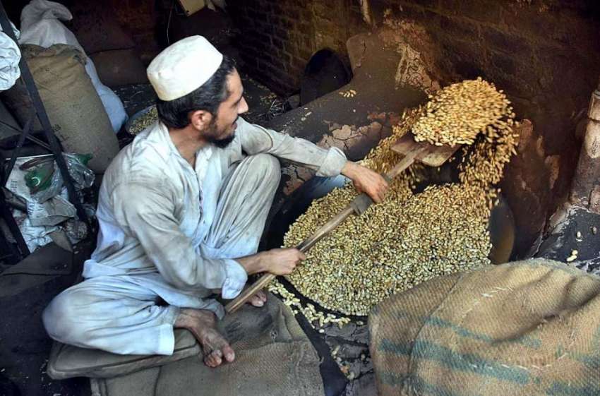 پشاور: مزدور مونگ پھلی بھون رہا ہے۔
