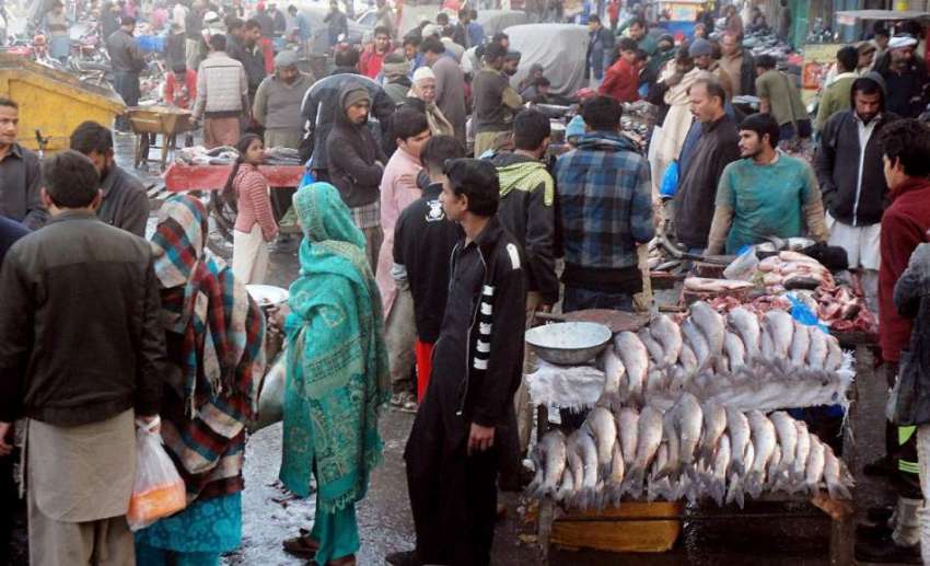 لاہور: مچھلی منڈی میں شہری خریداری کر رہے ہیں، سردی کی شدت ..