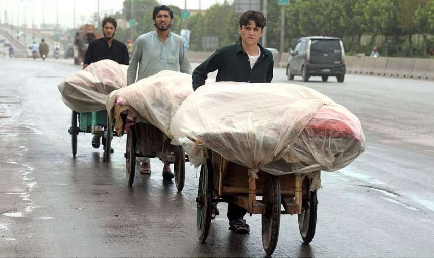 راولپنڈی: ریڑھی بان بارش سے بچائے کے لیے سبزی اور فروٹ پلاسٹک ..