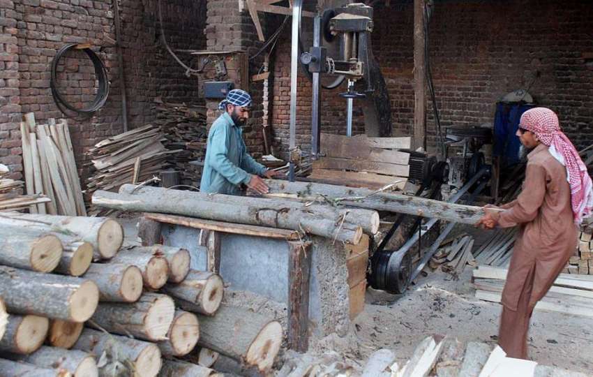 پشاور: مزدور ورکشاپ میں آرے کے ذریعے لکڑی کاٹ رے ہیں۔