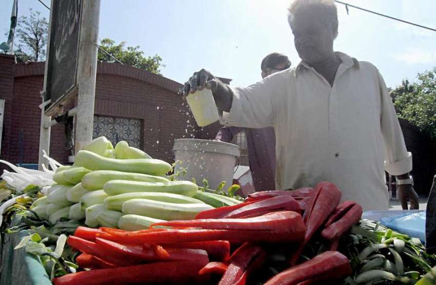 راولپنڈی: محنت کش سلاد کو ترو تازہ رکھنے کے لیے پانی کے چھینٹے ..