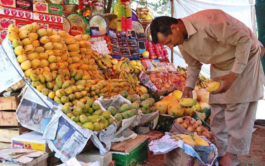 اسلام آباد: دکاندار فروخت کے لیے تازہ پھل سجا رہا ہے۔