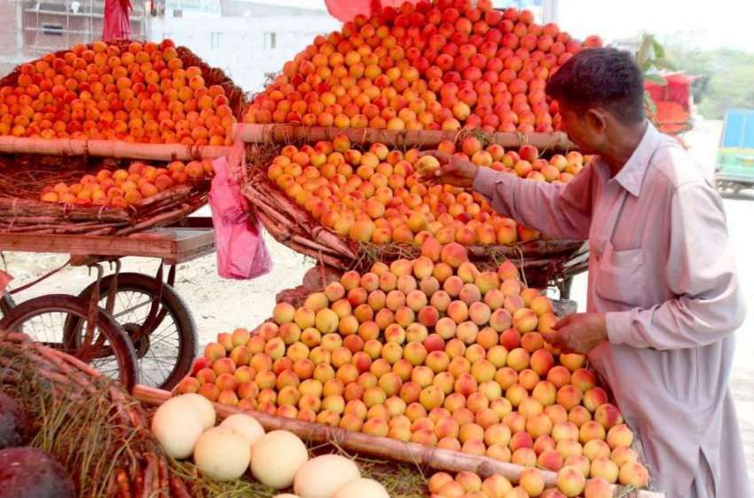 لاہور: دکاندار فروخت کے لیے تازہ پھل سجا رہا ہے۔