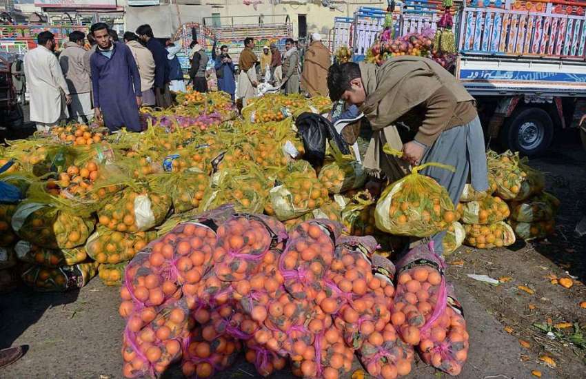راولپنڈی: سبزی منڈی میں دکاندار تازہ فروٹ فروخت کررہے ہیں۔
