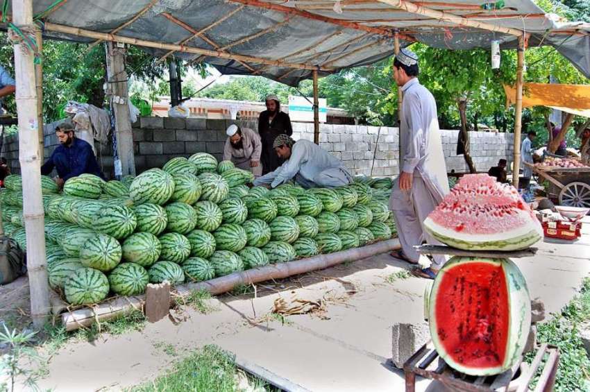 اسلام آباد:دکاندار گاہکوں کو متوجہ کرنے کے لیے تربوز سجا ..