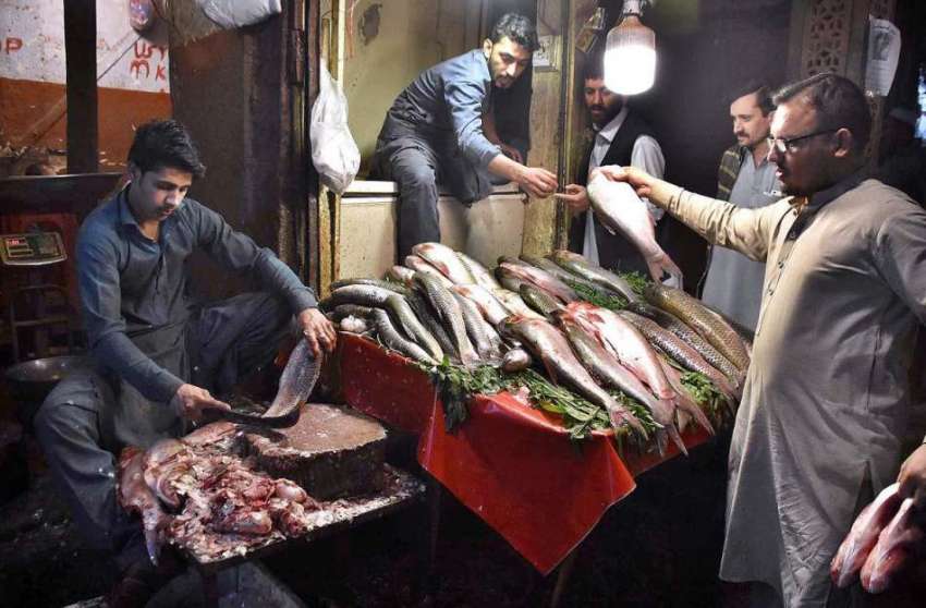 پشاور: دکاندار مچھلی فروخت کررہے ہیں۔