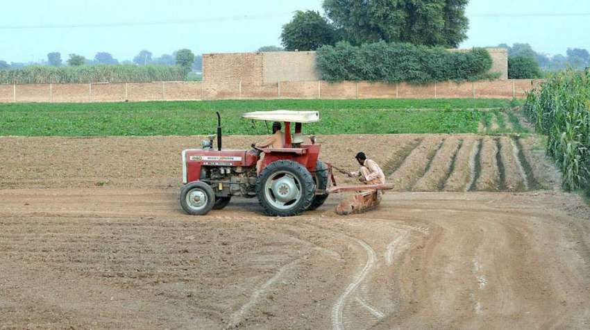 ملتان: کسان کھیت میں ٹریکٹر کی مدد سے گندم کی بیجائی کررہے ..
