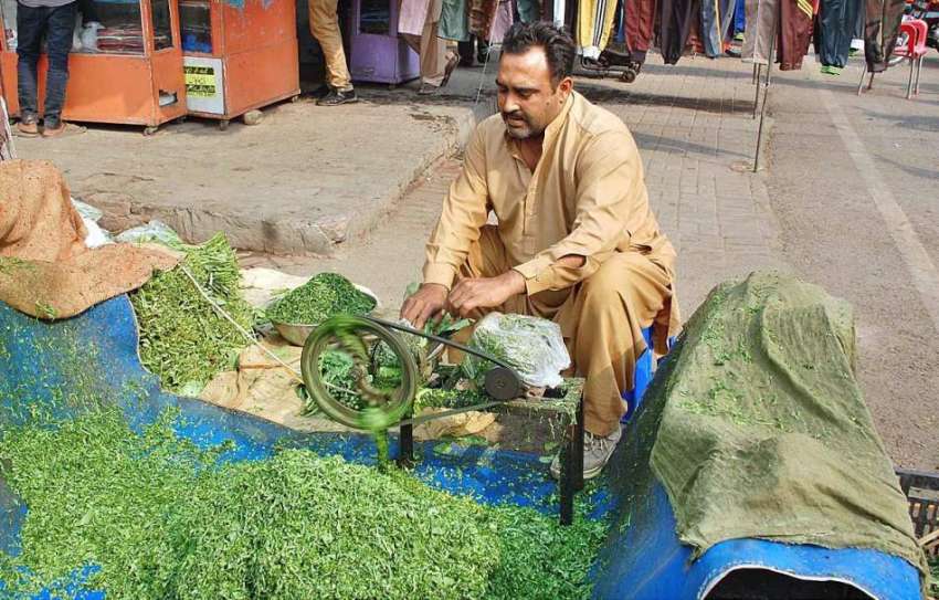 فیصل آباد: دکاندار فروخت کے لیے پالک کاٹ رہا ہے۔