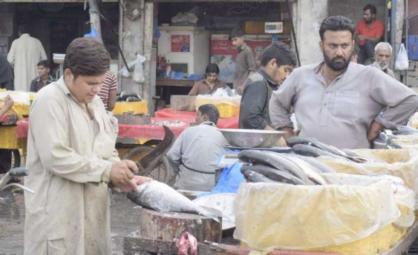 لاہور: مچھلی منڈی میں ایک کاریگر مچھلی کی صفائی میں مصروف ..