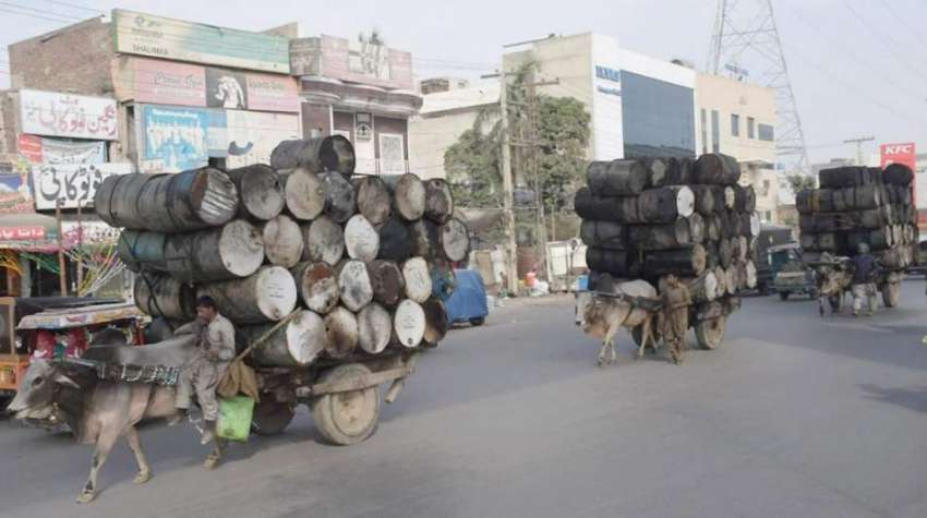 لاہور: بیل گاڑیوں پر تیل کے خالی ڈرم اوور لوڈ کر کے لیجائے ..