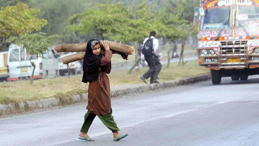 راولپنڈی: نوجوان لڑکی کندھے پر لکڑی کا پیس رکھے سڑک کراس ..