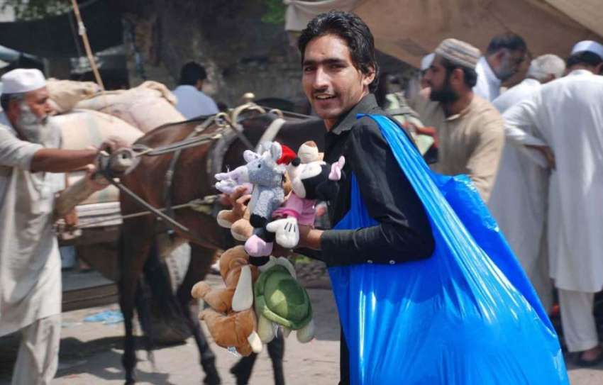 پشاور: محنت کش پھیری لگا کر بچوں کے کھلونے فروخت کر رہا ہے۔