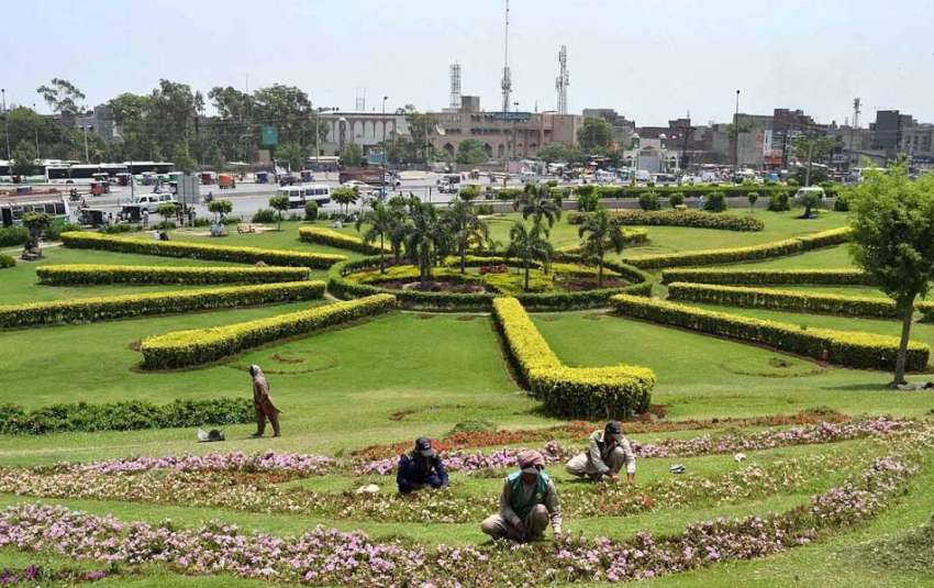 لاہور: پی ایچ اے کے اہلکار مقامی پارک میں پودوں کی دیکھ بھال ..