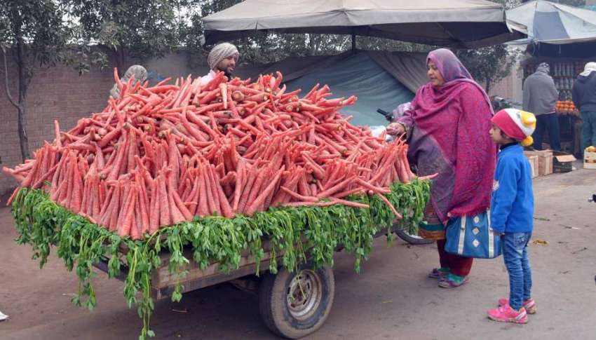 فیصل آباد: خاتون ریڑھی بان سے گاجری خرید رہی ہے۔