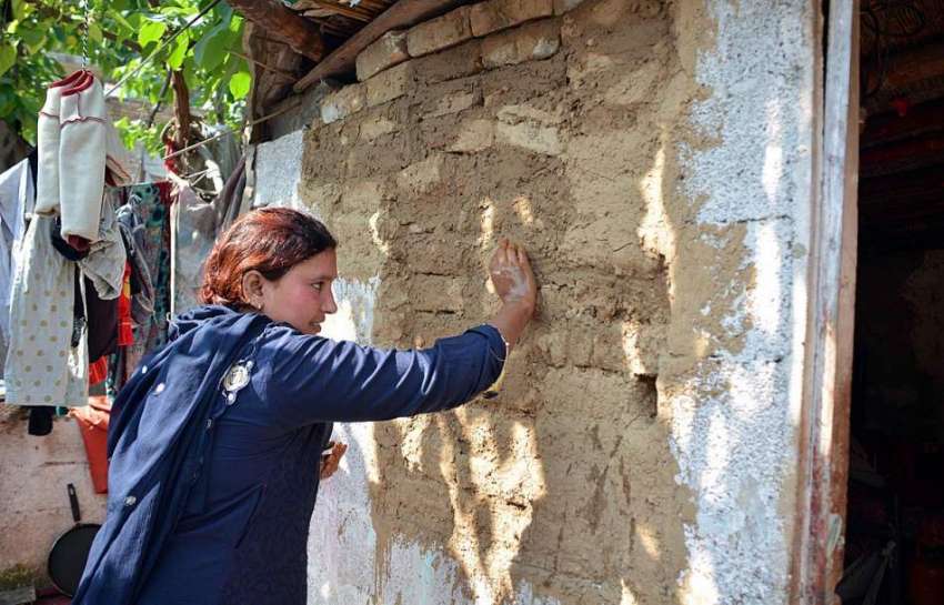 اسلام آباد: ایک دیہاتی خاتون اپنے گھر کی دیوار کی مرمت کررہی ..