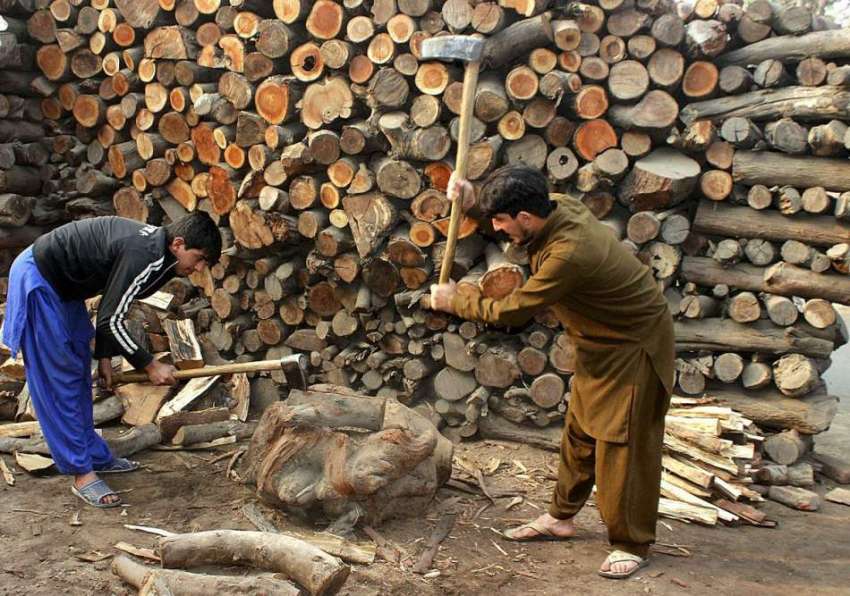 لاہور: محنت کش ٹال پر لکڑیاں کاٹنے میں مصروف ہے۔